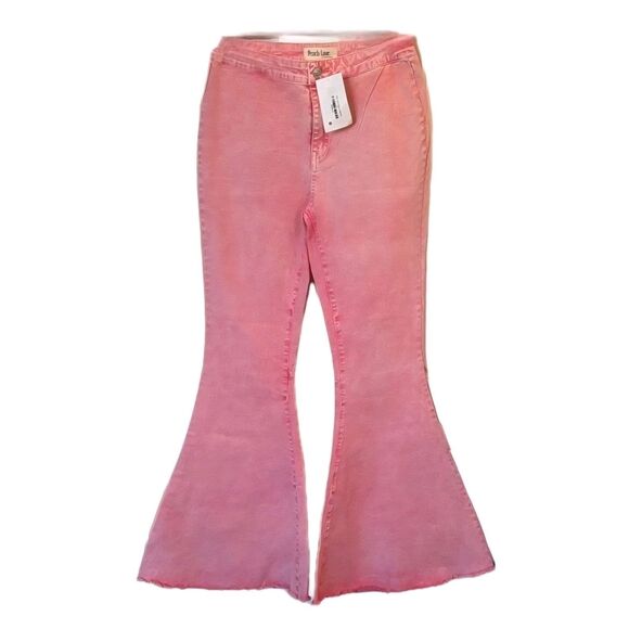 Peach Love Pink Acid Wash Flare Jeans Women Size M Hippie Chic Bell Bottoms Fray - Picture 1 of 5